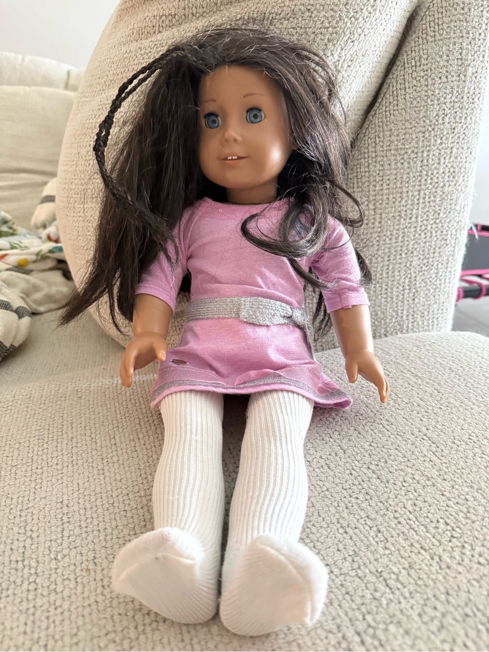 American Girl Doll tan skin, blue eyes, brown hair Pink Dress